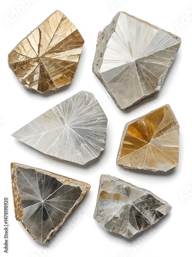 raw laminas of muscovite (common mica) mineral cutout on white background