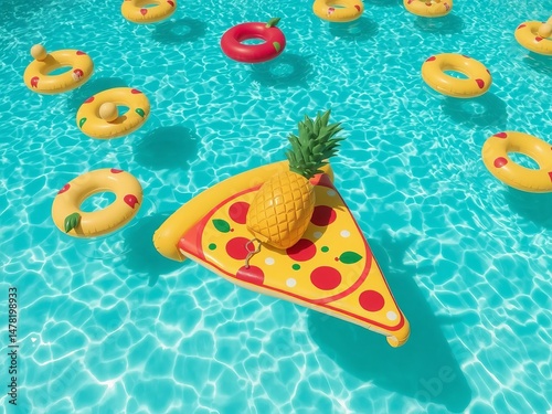 Aerial view of a pool with inflatable pizza slice, pineapple and donut floats in the bright blue water