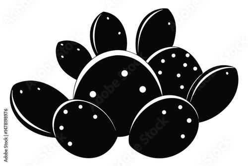 Stylized Black Opuntia Cactus Pads Clustered Together with White Spines Decorative Graphic