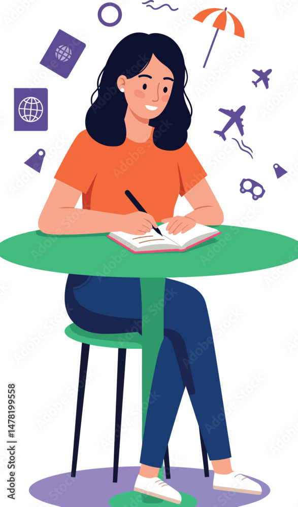 Fototapeta premium Woman writing travel journal with airplane and umbrella icons vector illustration
