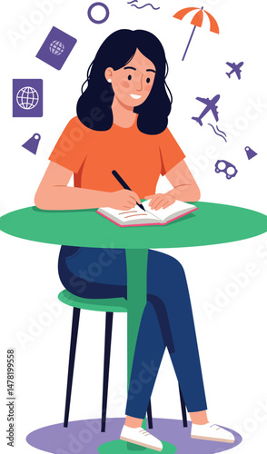 Woman writing travel journal with airplane and umbrella icons vector illustration 