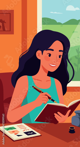 Woman writing in journal near window with green landscape and cozy interior vector illustration 