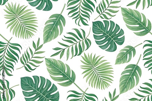 Seamless Pattern of Lush Green Tropical Leaves on White Background