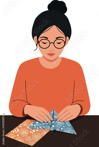 Woman Folding Paper Origami Crafting Art in Orange Sweater Vector Illustration 