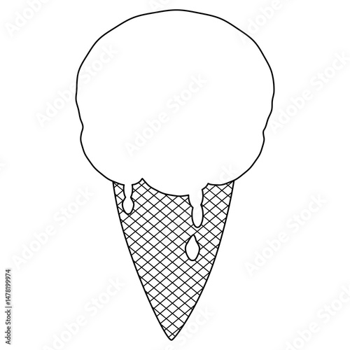 Coloring page with summer outline vector drawing juicy appetizing ice cream in waffle cone with drips and drops. Ideal for entertaining kids, summertime, dessert black and white design, DIY craft.