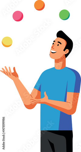 Man juggling colorful balls in dynamic pose vector illustration 