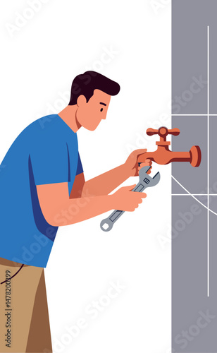 Plumber repairing outdoor water tap with wrench vector illustration in portrait orientation 