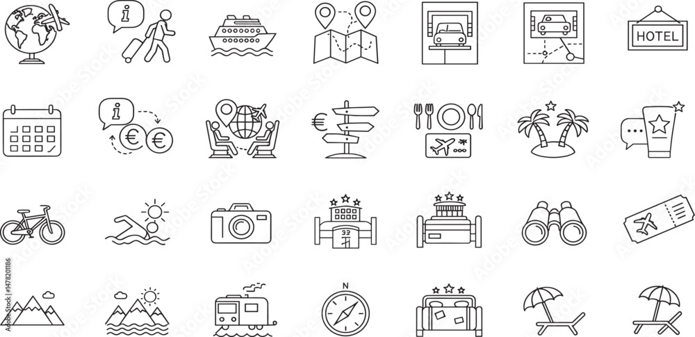 Travel Line Editable Icons set.Vector illustration in modern thin line style of tourism related icons: hotels, types of tourism, tourist transport, locations, etc. Travel Line Editable Icons set.Vector illustration in modern thin line style of tourism related icons: hotels, types of tourism, tourist transport, locations, etc.