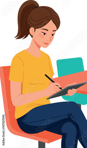 Young woman drawing on digital tablet with stylus in casual yellow shirt and blue pants vector illustration 