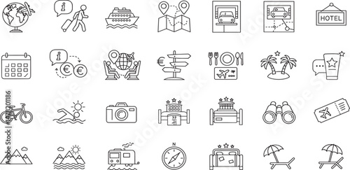 Travel Line Editable Icons set.Vector illustration in modern thin line style of tourism related icons: hotels, types of tourism, tourist transport, locations, etc.
