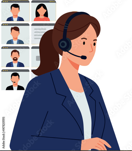 Customer Service Representative Wearing Headset During Virtual Meeting Illustration 