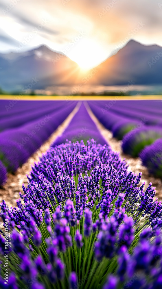 Fototapeta premium Lush lavender field at sunset, mountains in background