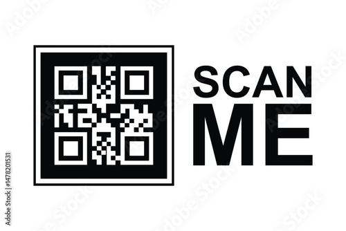Centered black and white QR code with 'SCAN ME' in bold sans-serif. Minimalist, symmetrical design on clean background. Neutral, functional aesthetic for digital use. No people or context. Black/white
