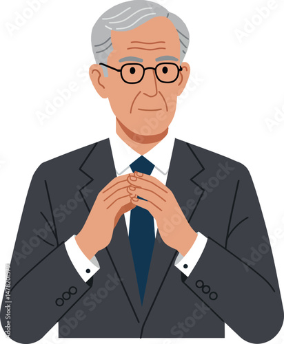 Elderly man in dark suit with glasses and gray hair thoughtful pose vector illustration 