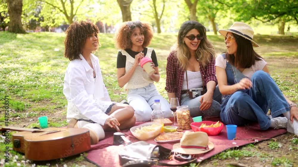 Diverse group of women sharing laughter, food, and connection during sunny park picnic, enjoying carefree moments of friendship and togetherness Diverse group of women sharing laughter, food, and connection during sunny park picnic, enjoying carefree moments of friendship and togetherness
