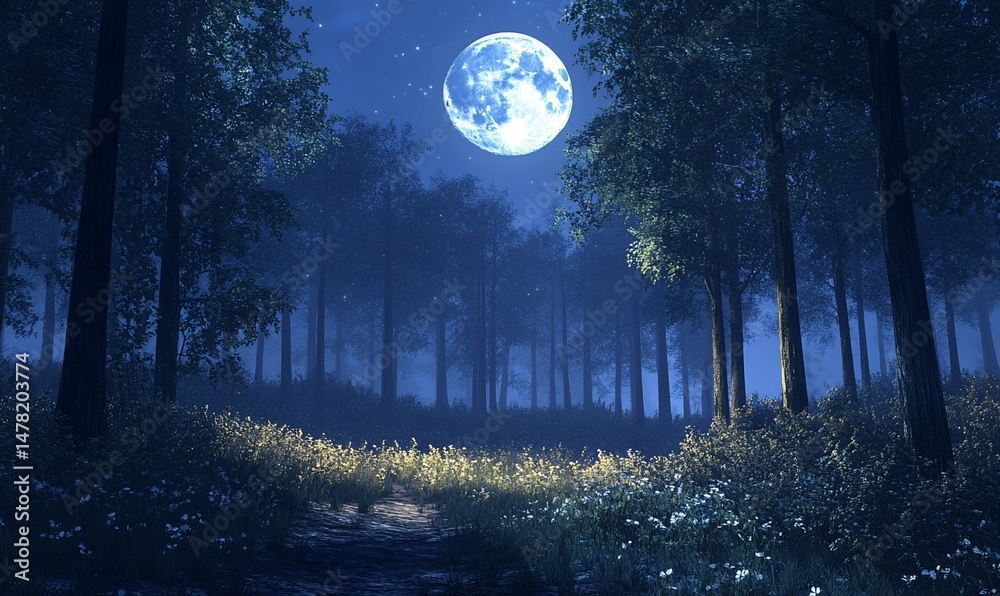 Fototapeta premium Full moon casting ethereal glow over tranquil forest path at twilight