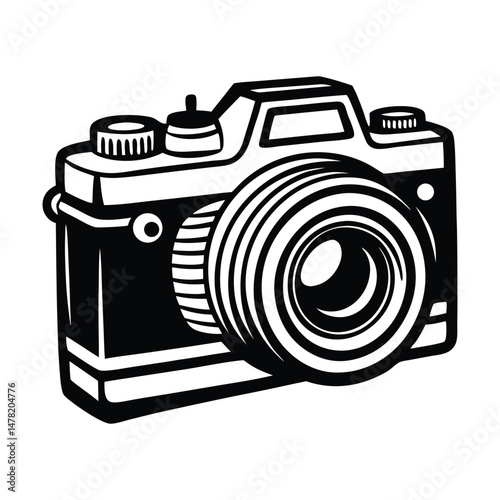 DSLR Camera Top View Vector Drawing, Simple silhouette Design vector icon with white background