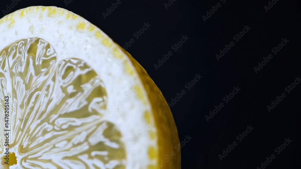 Fresh lemon slice rotation against dark background showcasing juicy details and vibrant texture
