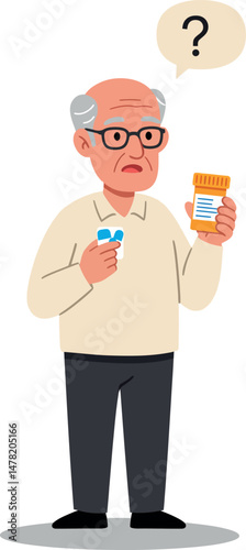 Elderly man confused about medication with pill bottle and pills vector illustration 