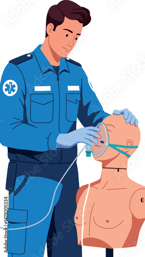 Emergency medical technician performing oxygen mask first aid training vector illustration 