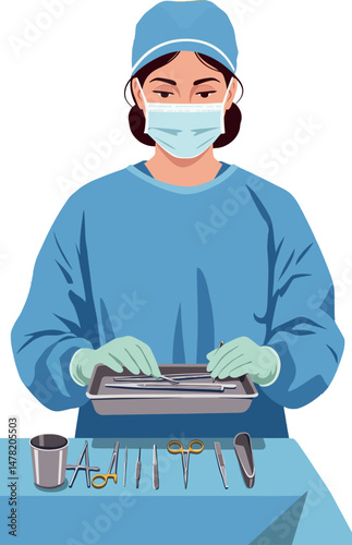 Female Surgeon Preparing Surgical Tools in Operating Room Wearing Blue Scrubs and Mask 