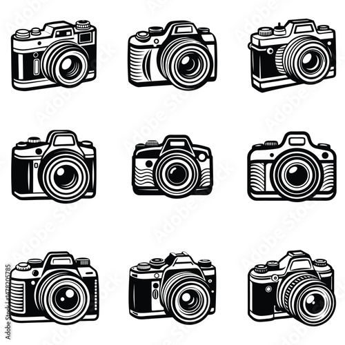 DSLR Camera Top View Vector Drawing, Simple silhouette Design vector icon with white background