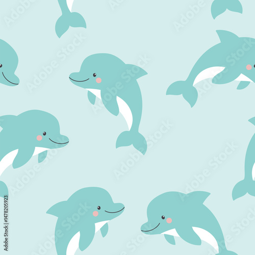 Cute dolphin seamless pattern. Summer vector illustration. It can be used for wallpapers, wrapping, cards, patterns for clothes and other.
