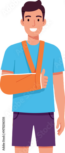 Young man with broken arm in sling giving thumbs up cheerful vector illustration 