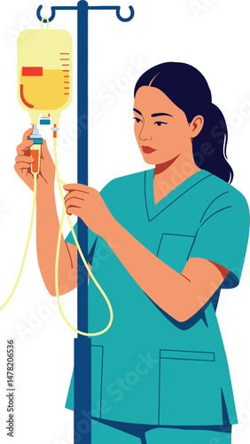 Female nurse adjusting intravenous drip in hospital medical setting with blue uniform vector illustration 