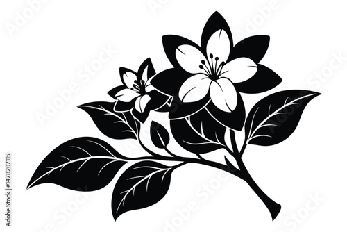 Floral Illustration of Blossoming Flowers with Leaves in Black and White Art Style