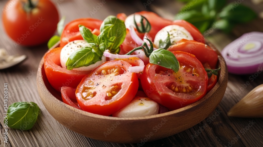 Fresh Tomato Salad with Mozzarella and Basil on Wooden Table Fresh Tomato Salad with Mozzarella and Basil on Wooden Table
