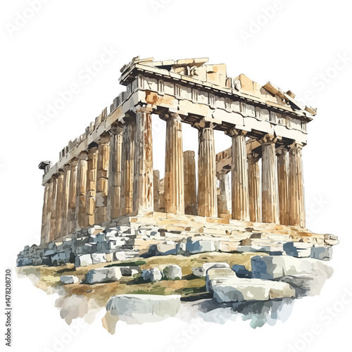 Acropolis Of Athens, watercolor illustration, isolated on a white background.
