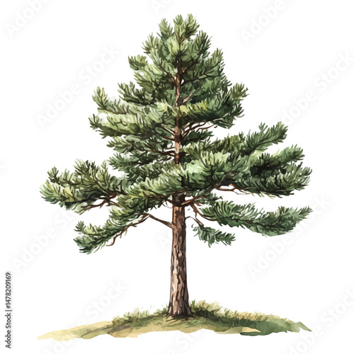 watercolor of Pine Tree, isolated on a white background.