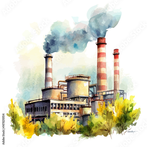 watercolor of Thermal Energy Plant, isolated on a white background.