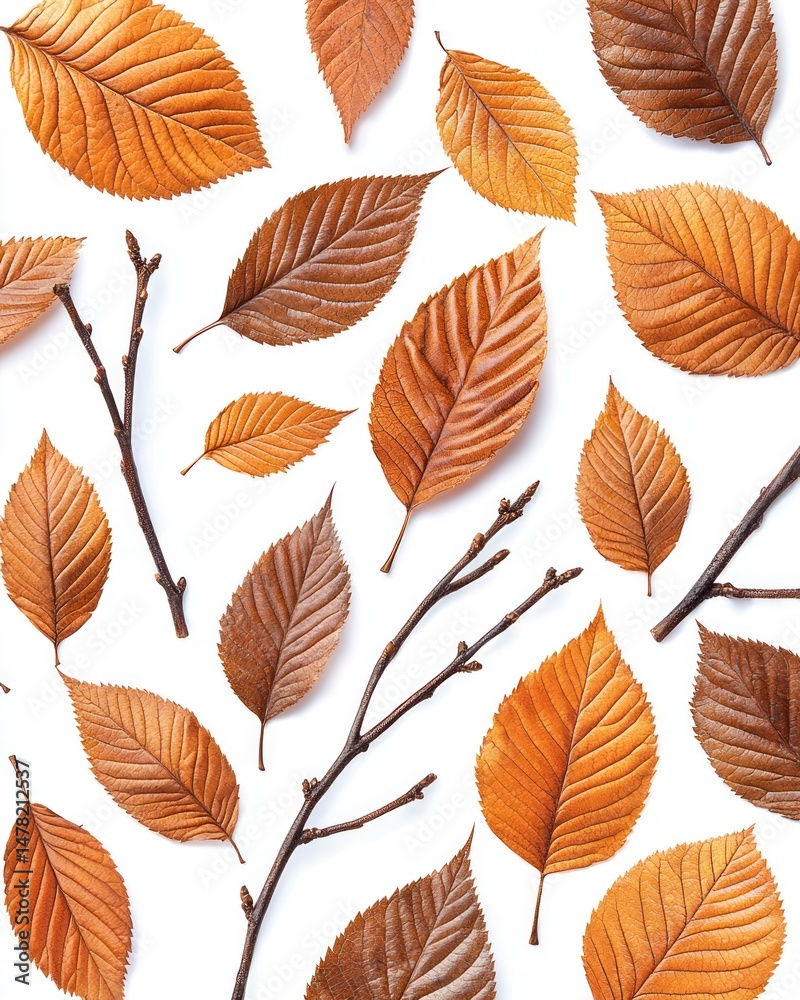Fallen leaves and small bare branches arranged against a bright white background Fallen leaves and small bare branches arranged against a bright white background