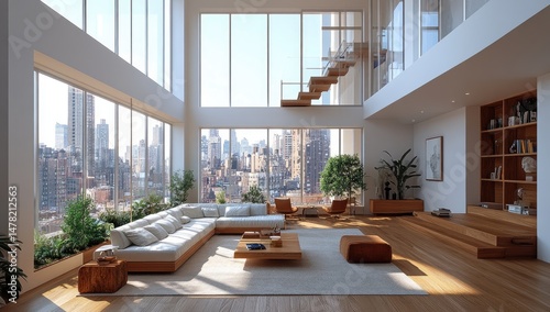 Spacious, modern penthouse living room with city views.
