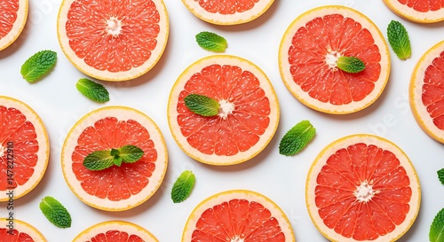 Fresh Grapefruit Slices and Mint Leaves Isolated on White Background Summer Vibe Bright Healthy Refreshing Fruit Food Vitamin Diet