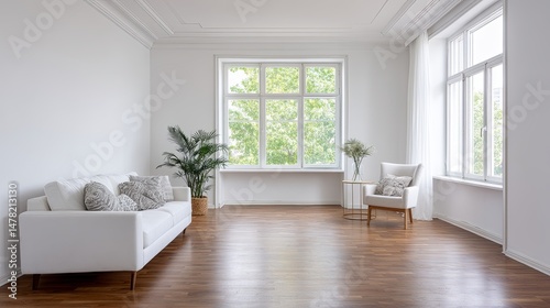 Wallpaper Mural Bright minimalist living room interior with white empty wall, simple modern furniture and soft natural sunlight from large window, perfect for design mockup or background usage

 Torontodigital.ca