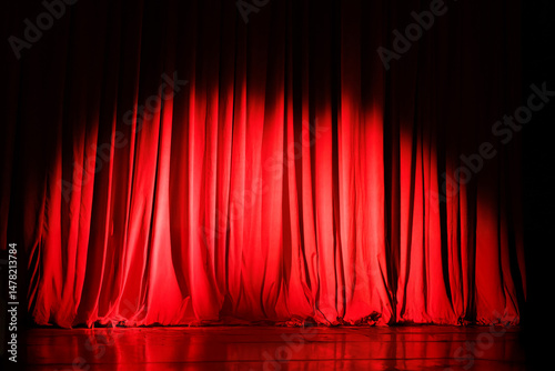 Closed red curtains on theater stage with spotlight