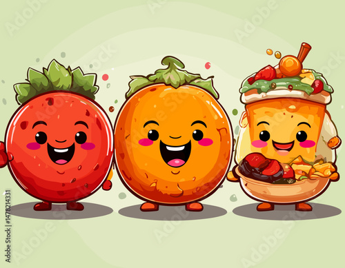 Cheerful Food Mascots: Vibrant Cartoon Characters for Digital Content