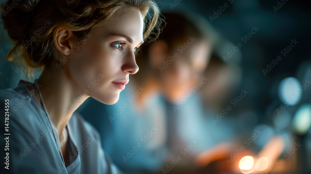 Fototapeta premium Focused healthcare professional in a dimly lit environment, potentially researching or working late.
