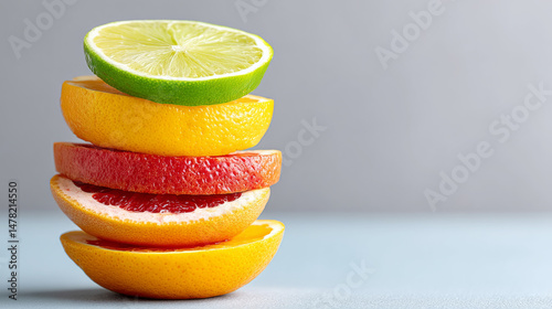 Colorful citrus stack with slices of lime, lemon, and orange illustrating freshness and health