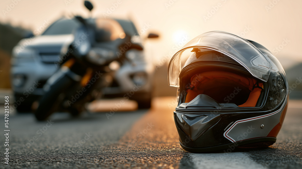 Fototapeta premium Helmet on the road at sunset