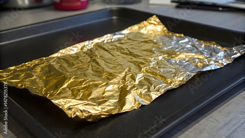 A sheet of crinkled metallic foil—shimmering between molten gold and liquid mercury—sprawls across a matte black surface, its jagged peaks and valleys casting dramatic shadows