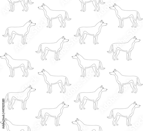Vector seamless pattern of flat hand drawn outline husky dog isolated on white background