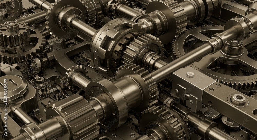 Fototapeta premium Complex gear system representing interconnectedness and functionality, featuring metal components