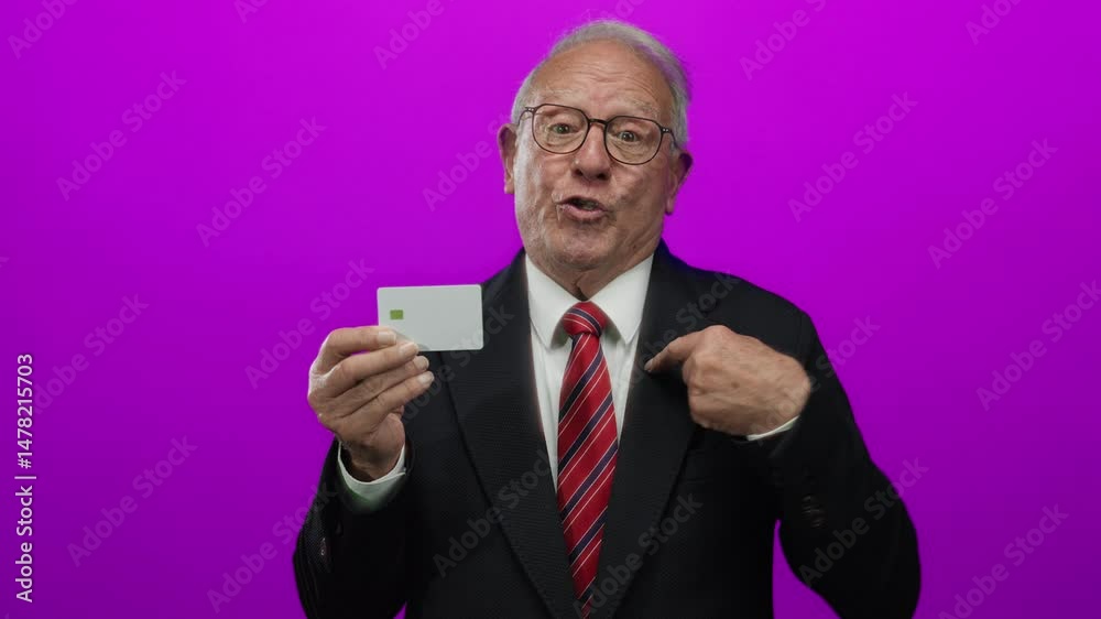 Senior man in business suit points at credit card against vibrant pink background, showcasing business and finance concepts with an isolated focus. Senior man in business suit points at credit card against vibrant pink background, showcasing business and finance concepts with an isolated focus.
