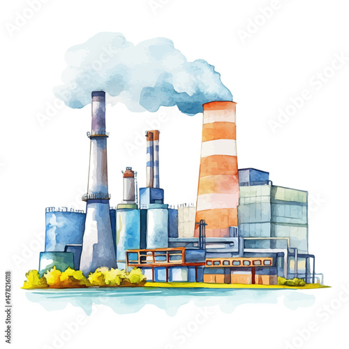 Thermal Energy Plant, watercolor vector, isolated on a white background.