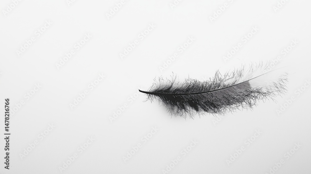 Fototapeta premium Single Black Feather on White Background displaying Elegance and Minimalist Design