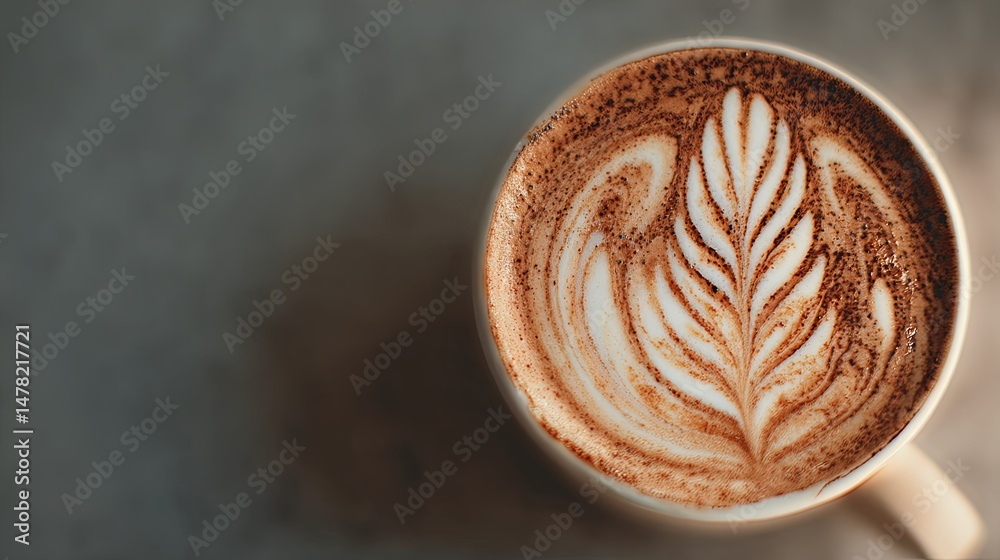 Close-up of a beautifully crafted coffee cup with intricate latte art on a warm brown surface Close-up of a beautifully crafted coffee cup with intricate latte art on a warm brown surface